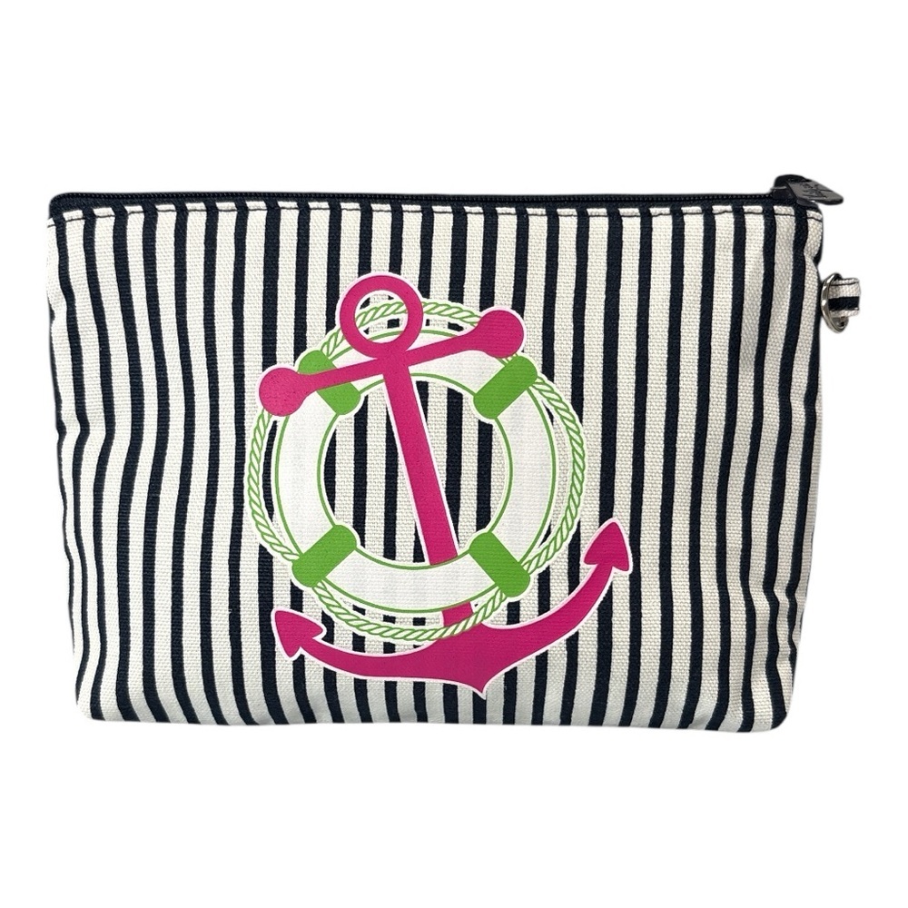 Nwt Thirty-One 31 Mini Zipper Pouch Navy Pinstripe W/ Anchor Blue White Gift